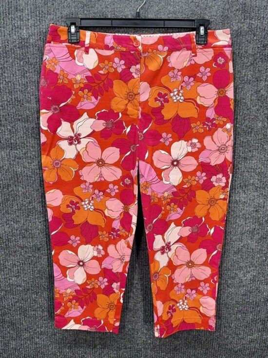 Talbots Pants - Talbots Perfect Crop Pants Womens 12P Petite Pink Orange Floral Flowers Chino